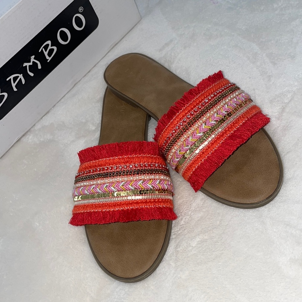 Bamboo Summer slide sandal Fringe and beaded